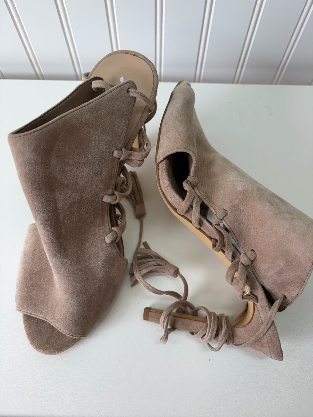 Lord & Taylor Suede leather Lace-Up Peep Toe stilettos - Taupe